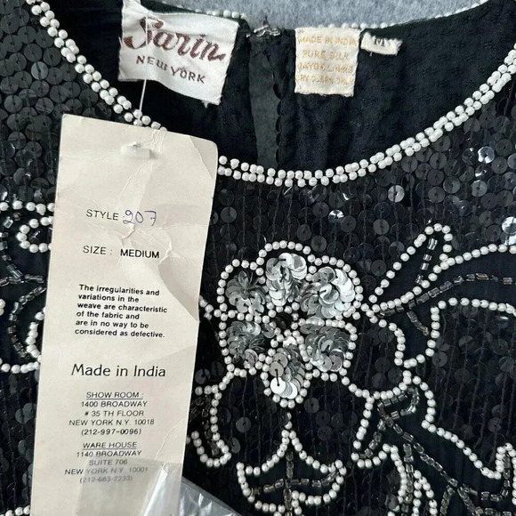 Vintage Sarin Sequin Top Womens S / M Beaded Black Silver Floral Silk 80s Blouse - Picture 12 of 15